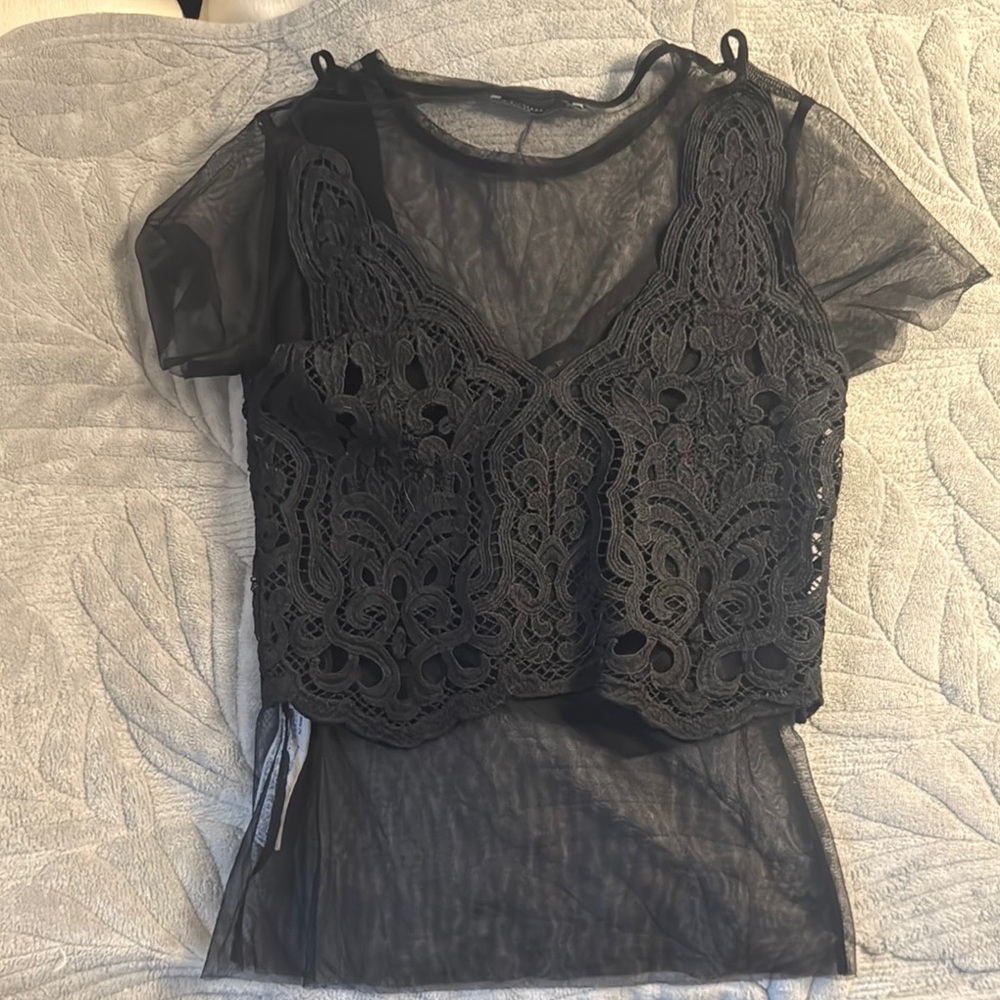 Zara Black Sheer Lace Blouse - Picture 2 of 2